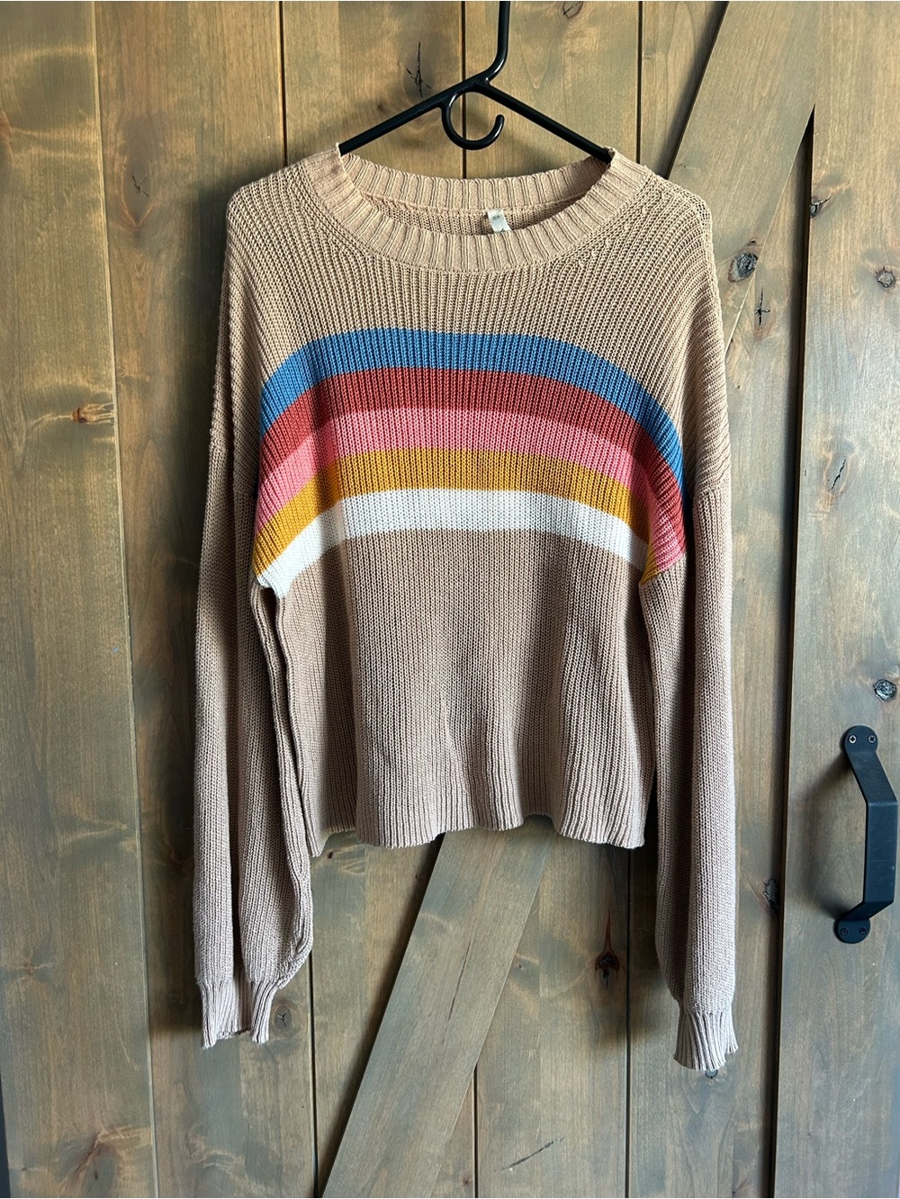 Wishlist Tan Sweater with Blue, Pink, Rust, Mustard and White Stripes